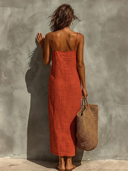 Vestido rojo de algodón para mujer con tirantes finos y cuello cuadrado, vestido atemporal de estilo boho-resort