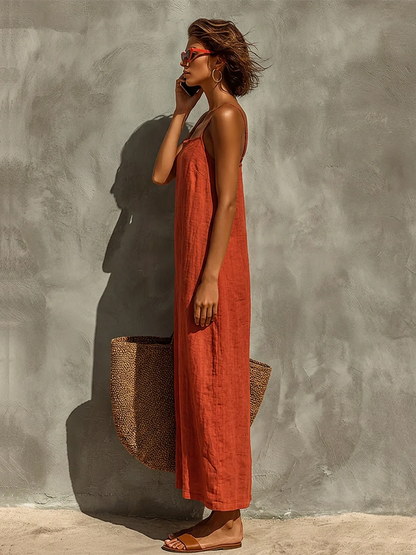 Vestido rojo de algodón para mujer con tirantes finos y cuello cuadrado, vestido atemporal de estilo boho-resort