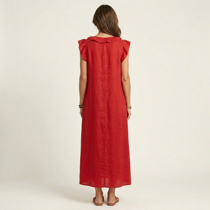 María | Vestido largo de lino con cuello en V y volantes
