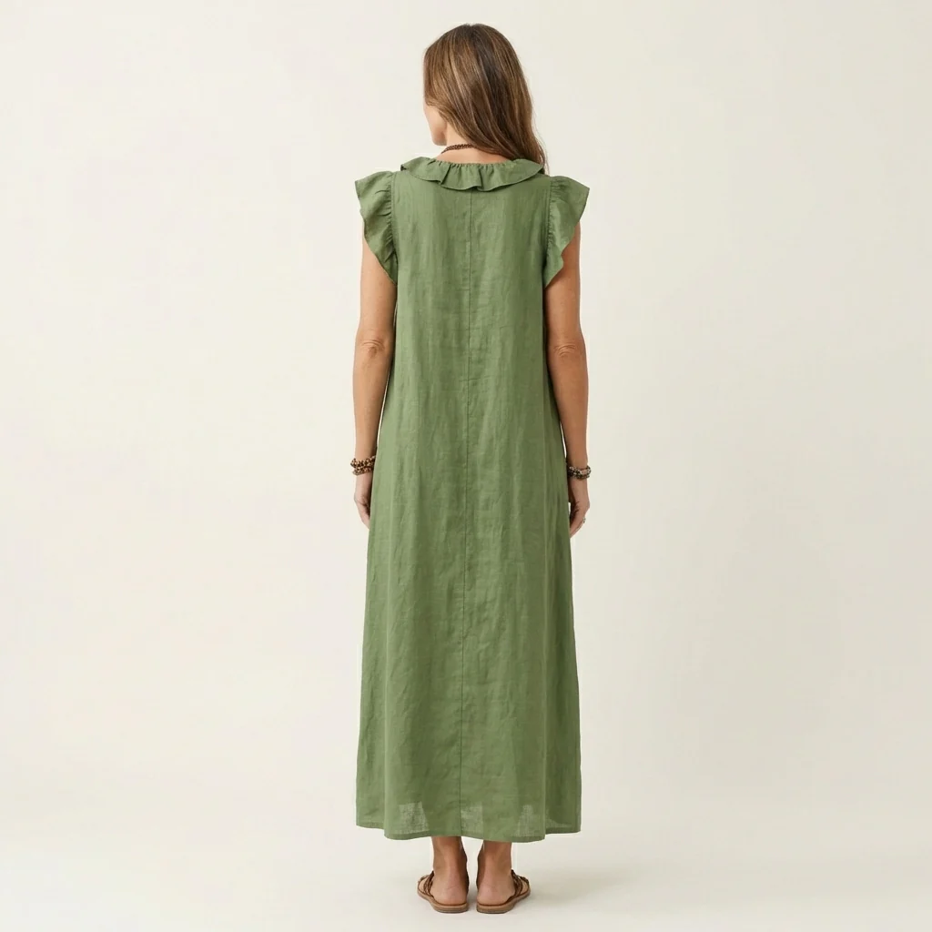 María | Vestido largo de lino con cuello en V y volantes