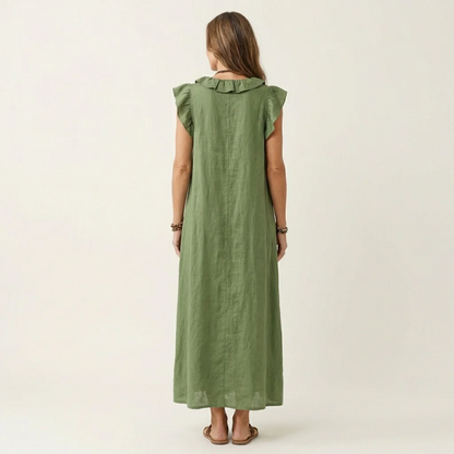 María | Vestido largo de lino con cuello en V y volantes