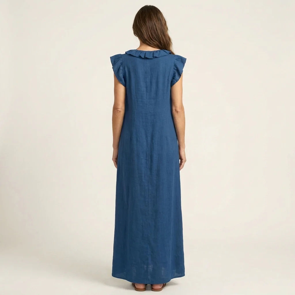 María | Vestido largo de lino con cuello en V y volantes