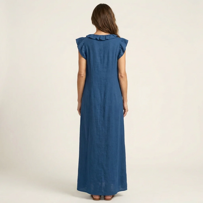 María | Vestido largo de lino con cuello en V y volantes
