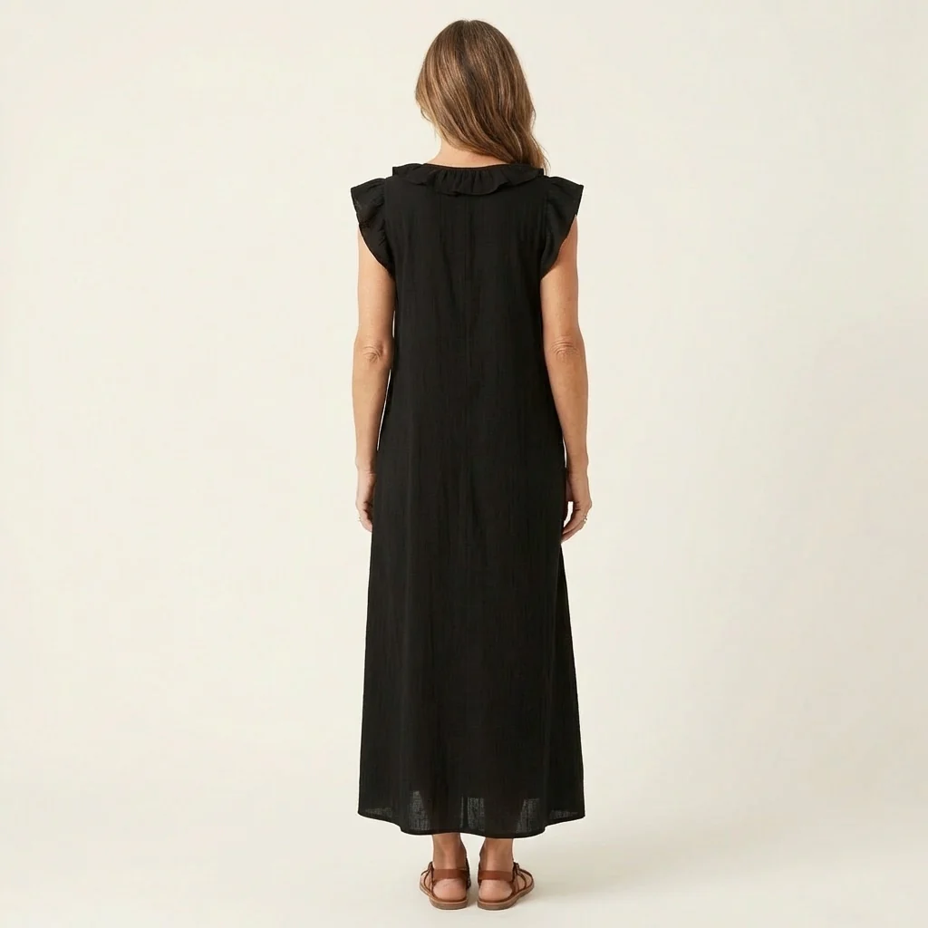 María | Vestido largo de lino con cuello en V y volantes