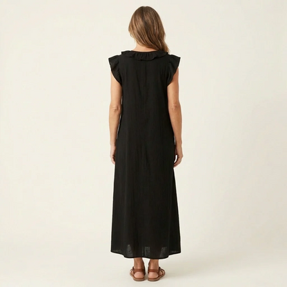 María | Vestido largo de lino con cuello en V y volantes