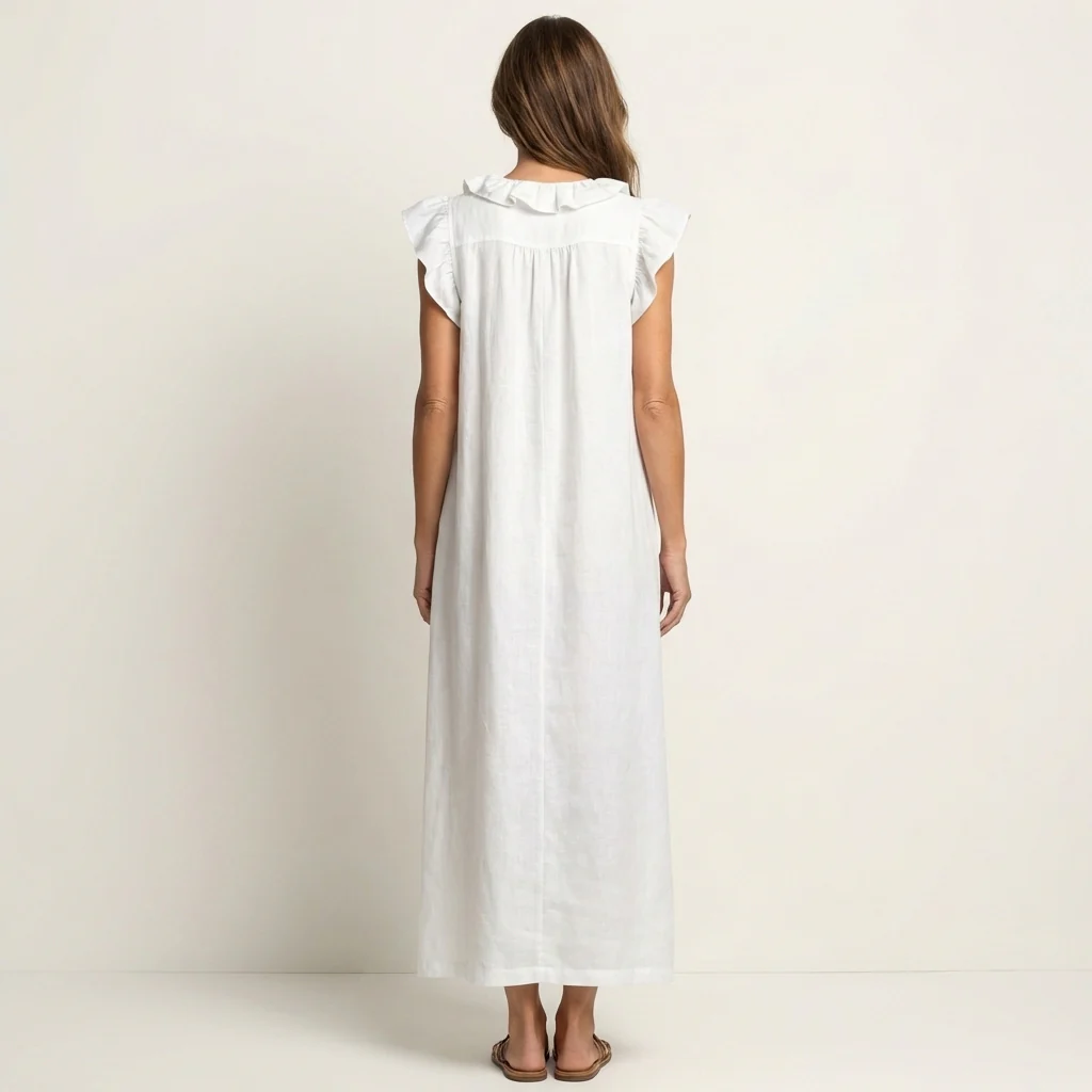 María | Vestido largo de lino con cuello en V y volantes