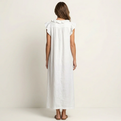 María | Vestido largo de lino con cuello en V y volantes