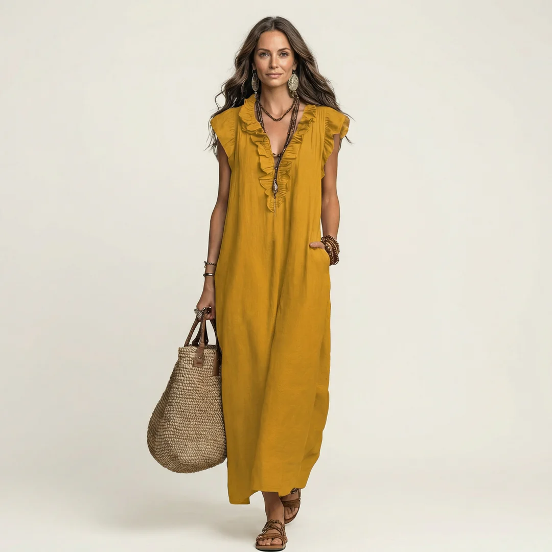 María | Vestido largo de lino con cuello en V y volantes
