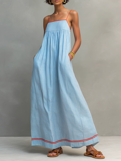 Vestido largo minimalista de rayas para mujer, con ribete rojo y tirantes finos
