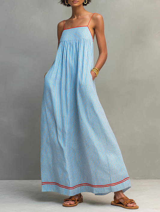 Vestido largo minimalista de rayas para mujer, con ribete rojo y tirantes finos