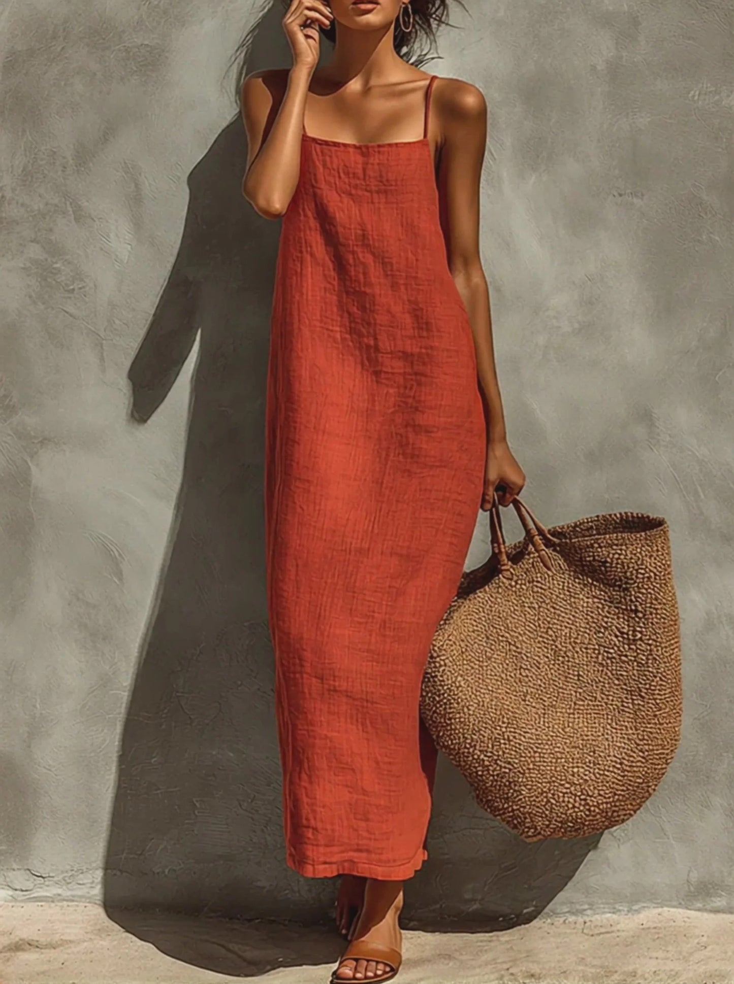 Vestido rojo de algodón para mujer con tirantes finos y cuello cuadrado, vestido atemporal de estilo boho-resort