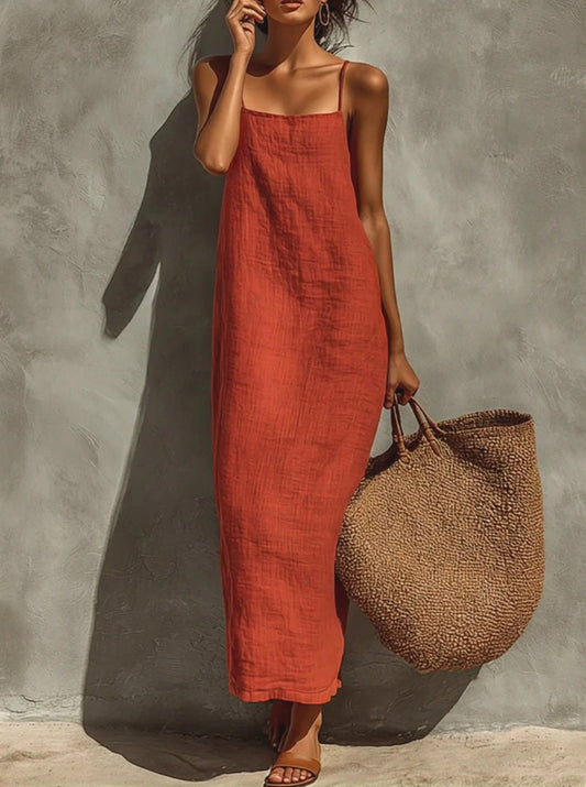 Vestido rojo de algodón para mujer con tirantes finos y cuello cuadrado, vestido atemporal de estilo boho-resort