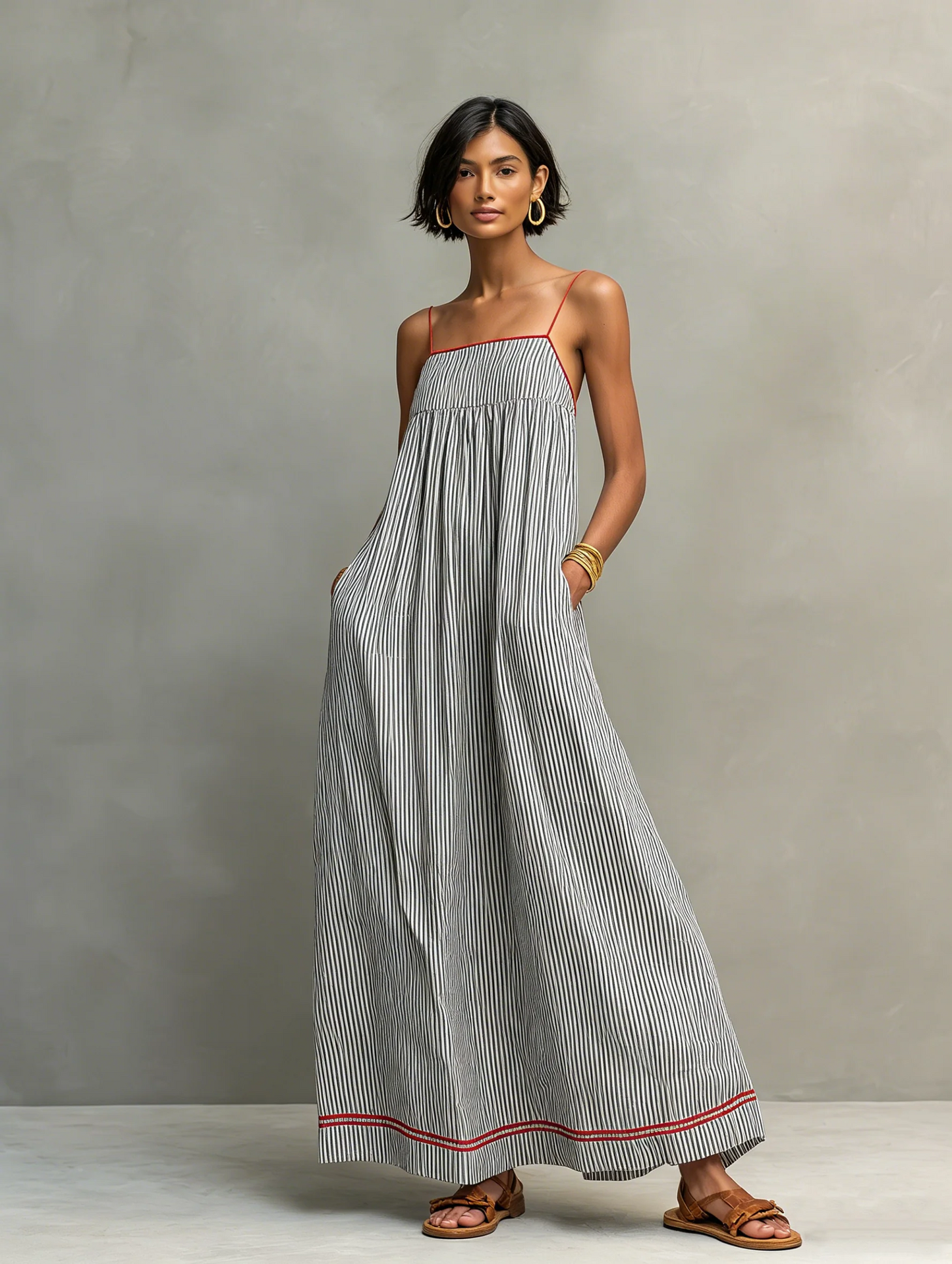 Vestido largo minimalista de rayas para mujer, con ribete rojo y tirantes finos