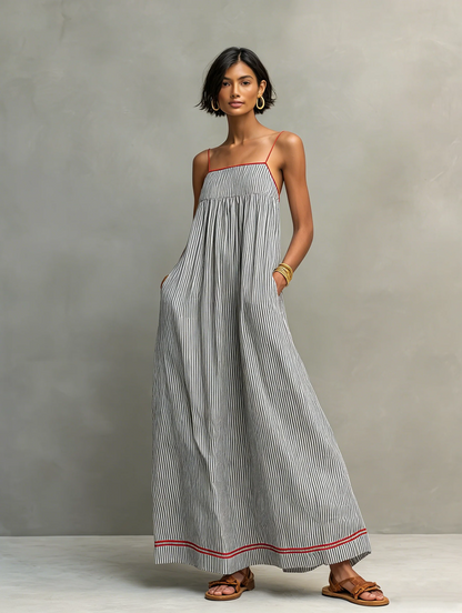 Vestido largo minimalista de rayas para mujer, con ribete rojo y tirantes finos