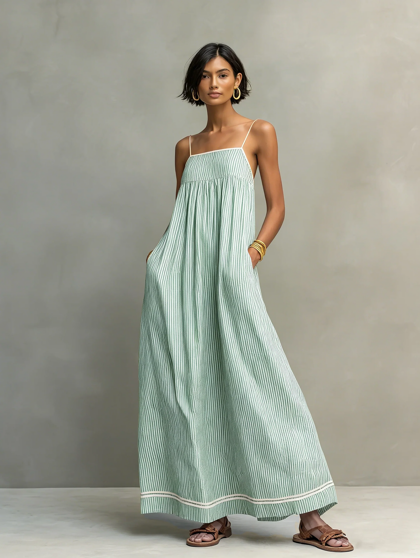 Vestido largo minimalista de rayas para mujer, con ribete rojo y tirantes finos