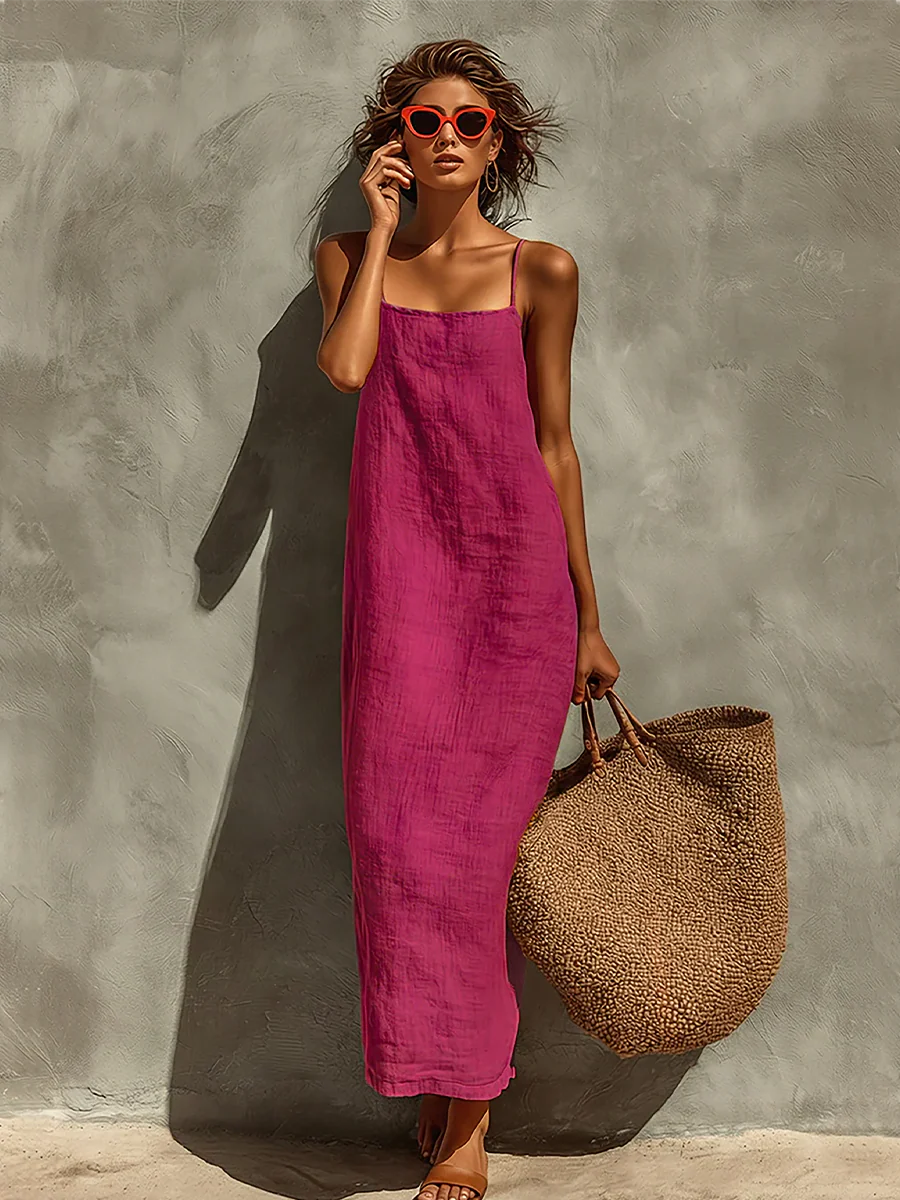 Vestido rojo de algodón para mujer con tirantes finos y cuello cuadrado, vestido atemporal de estilo boho-resort